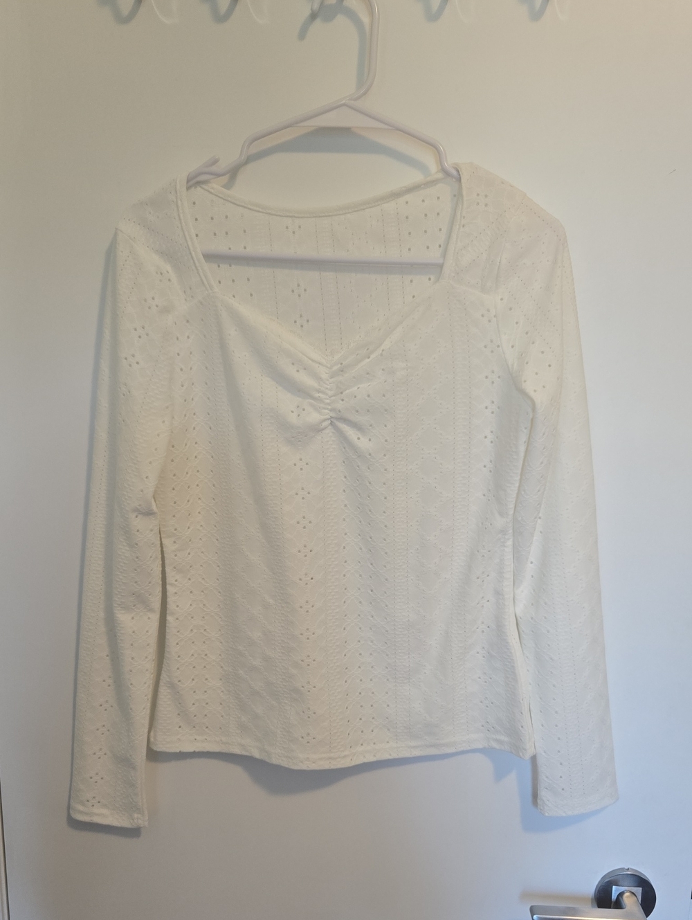 3 For $10 White Eyelet Long-Sleeve Top with V-Neck